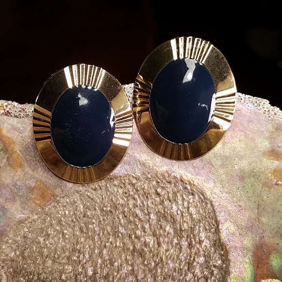 Vintage Jewelry - Vintage‎ Navy Blue & Gold Oval Clip-on Earrings